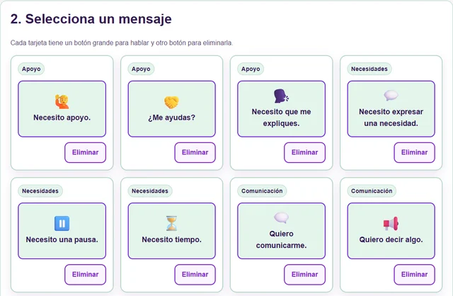Detalle real de ComunicApp: categorías y mensajes iniciales del tablero base.