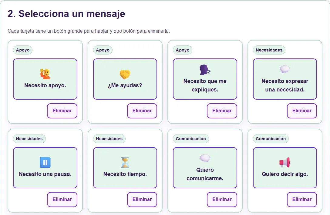Detalle real de las dos primeras filas del tablero base: mensajes iniciales para expresar necesidades y solicitar apoyo.